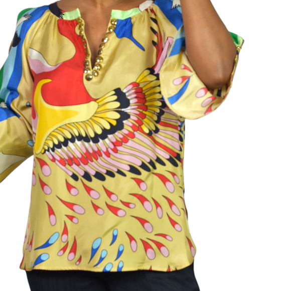 TIBI Silk Print Tunic Yellow Colorful Peacock Jeweled Studs Blue Cutouts Birds 6 - Picture 12 of 16